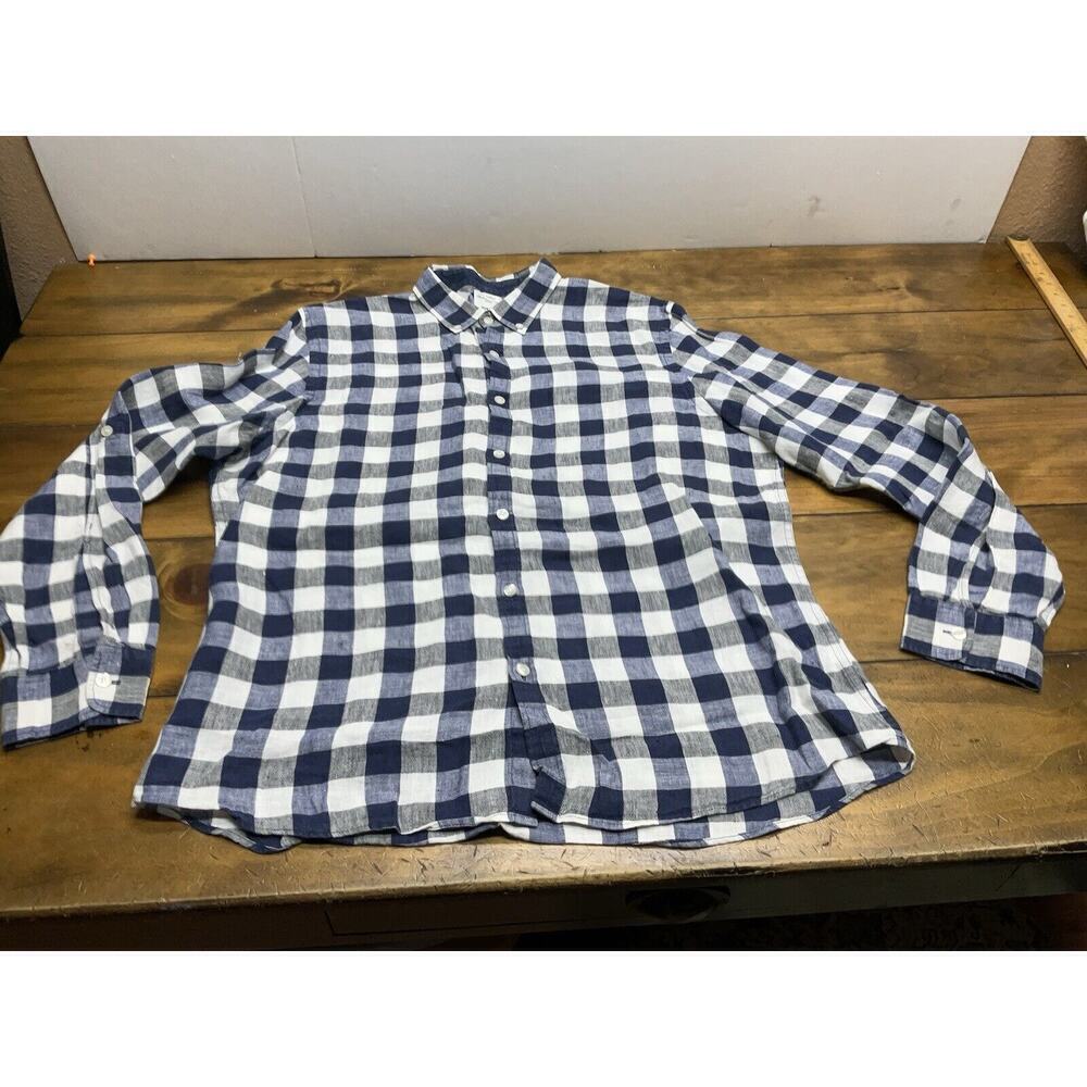 BAIRD MCNUTT Murano Slim Fit Linen Button Down Shirt XL Blue Check